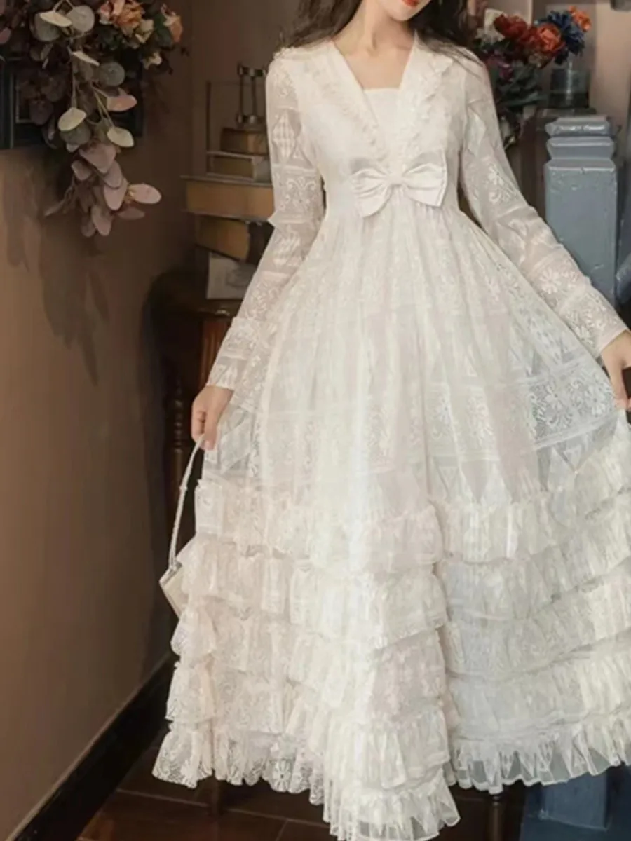 Новинка 2024 белое платье с бантом откидным воротником и длинным рукавом сказочное