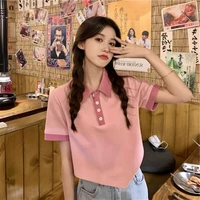 korean fashion irregular short sleeves t shirts sweet patchwork turn down collar clothes women summer student y2k top
