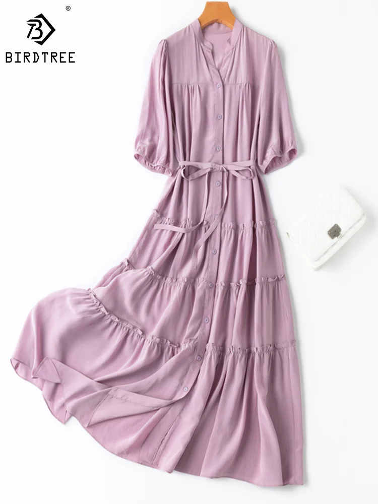 Birdtree 100%Real  Silk Shirt Dresses Women Purple Crepe De Chine Loose Stand Collar Short Sleeve Midi Dress New Summer D36339JM