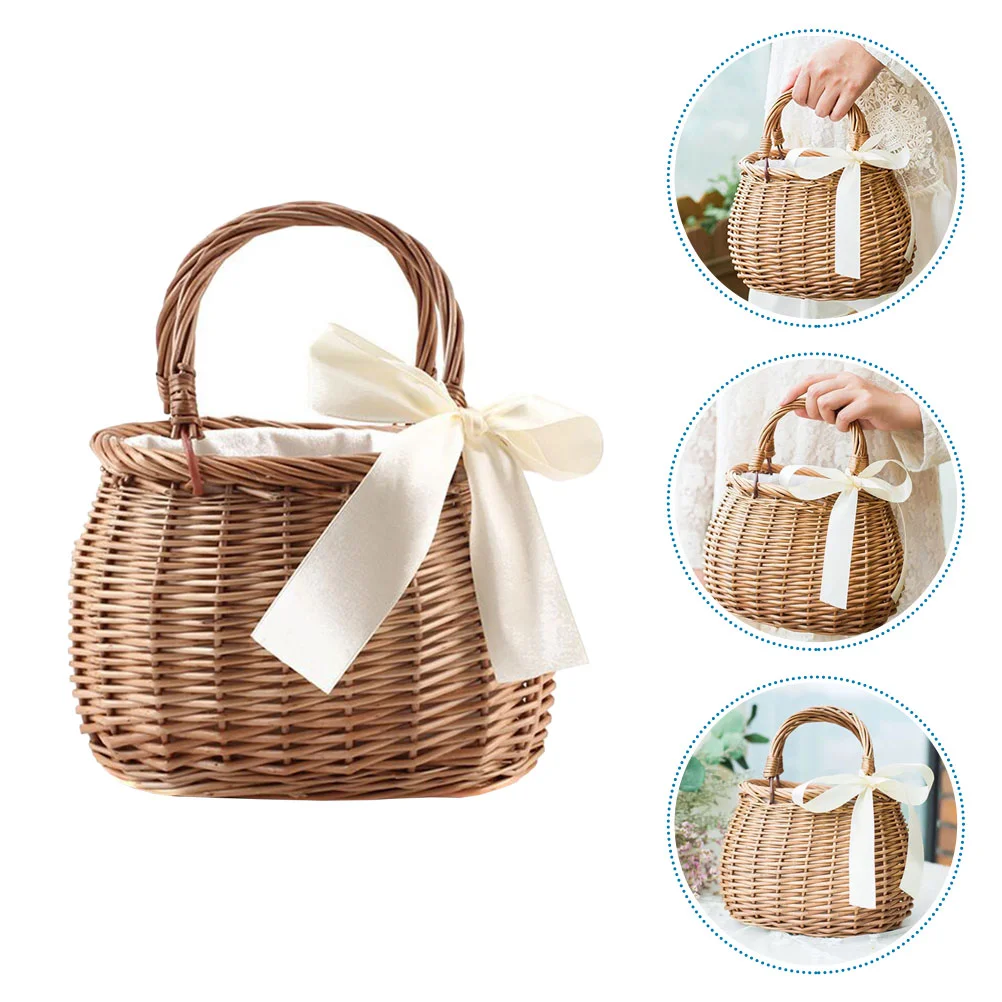 

Wicker Woven Flower Basket Decorative Girls Purse Portable Fruit Storage Basket