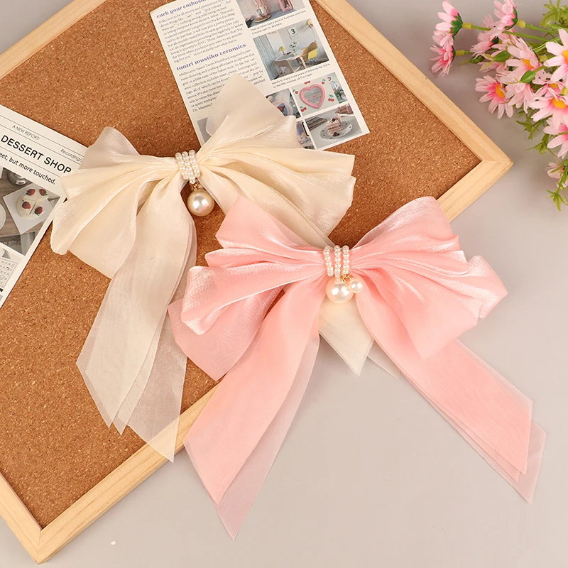 

New Women Large Bow Hairpin Summer Chiffon Big Bowknot solid color Bow Barrettes Women Pearl Ponytail Clip Hair Accessories