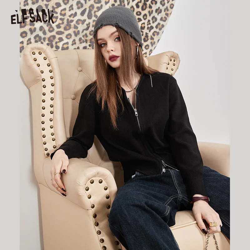 ELFSACK Black Zip Knitwears Women 2022 Winter Slim Sweaters Long Sleeve Coats