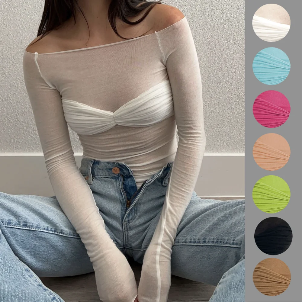 

2023 Off Shoulder See Through Mesh Women's T-shirt Spring Y2k Tops Long Sleeve Crop Tees Streetwear Sexy Ruched T Shirts