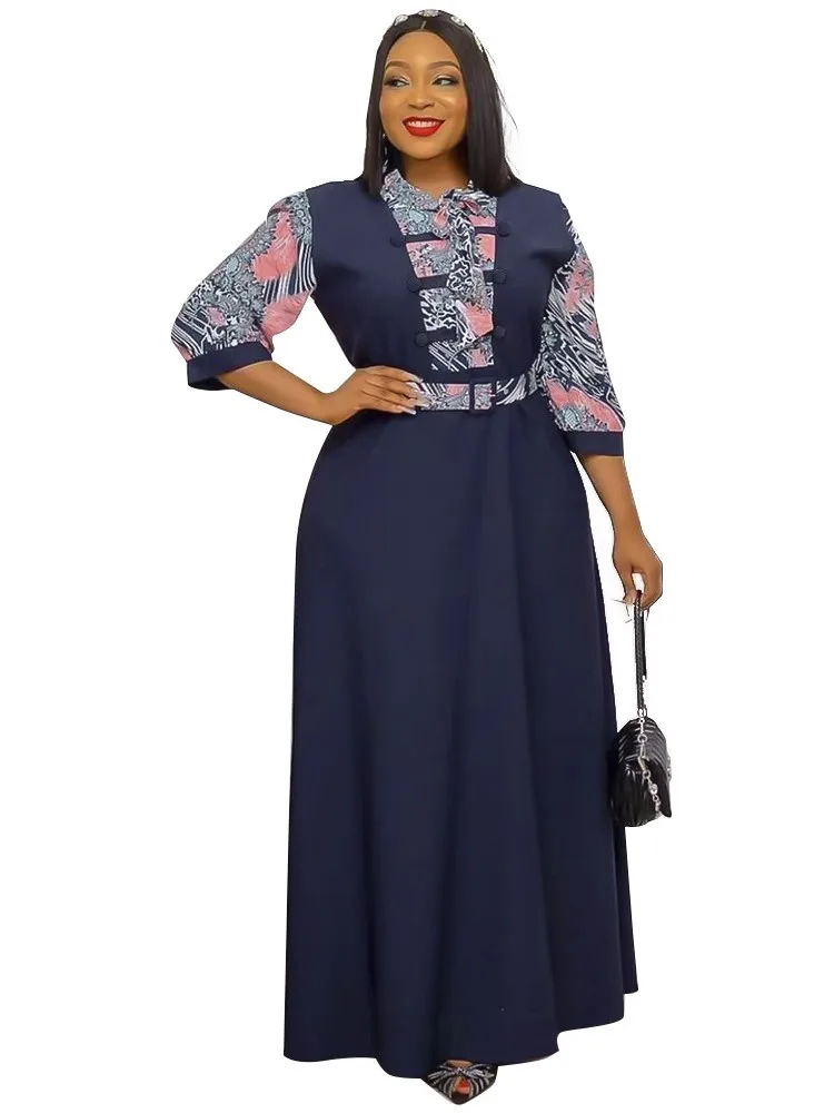 

Long African Dresses For Women 3/4 Sleeve Traditional Robes Africa Clothing Fashion Print Splice African Office Lady Maxi Dress