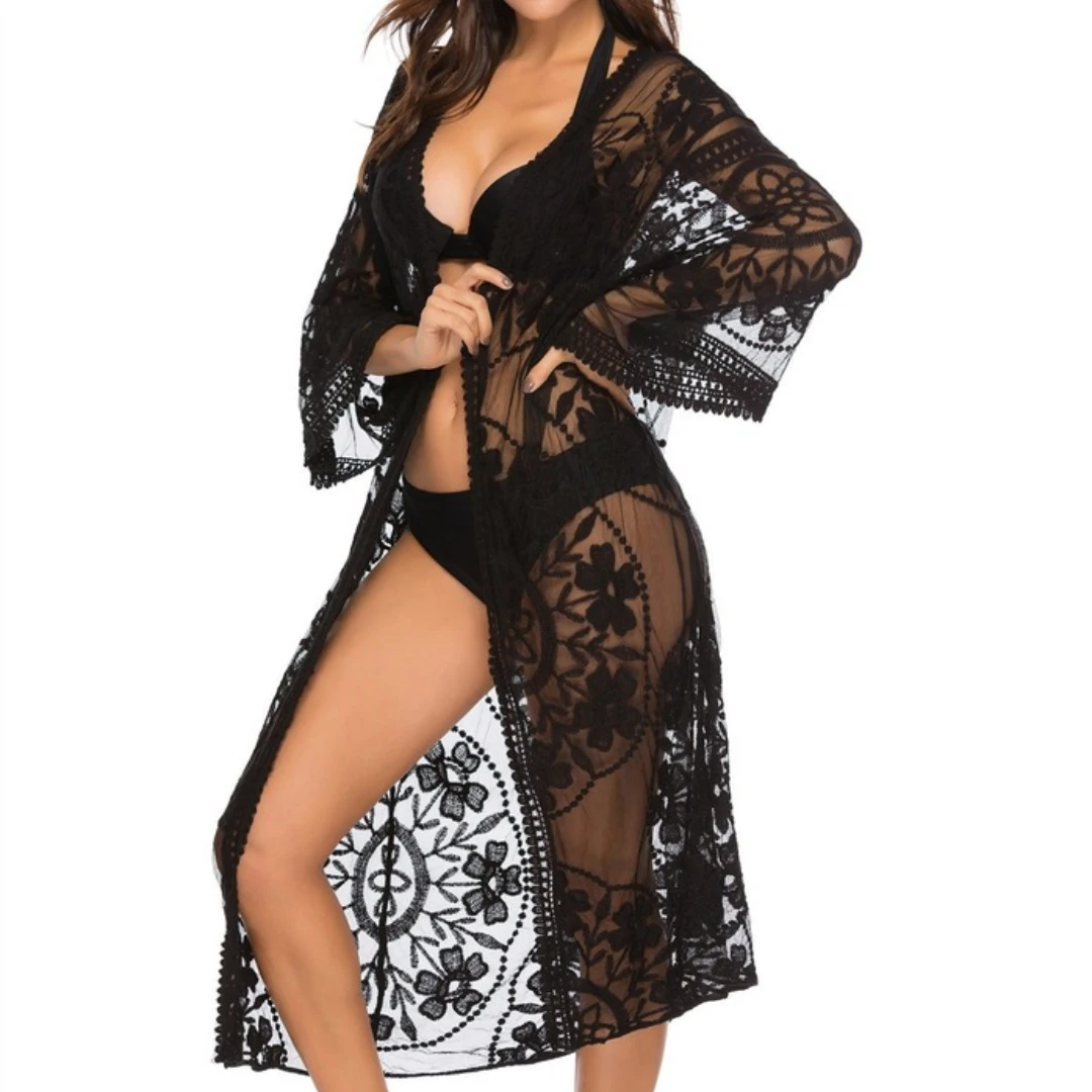 

Women's Smock Lace Mesh Swimsuit Beach Dress Bikini Outer Cardigan Vacation Beach Coverall Sunscreen Pareo Beach See Through