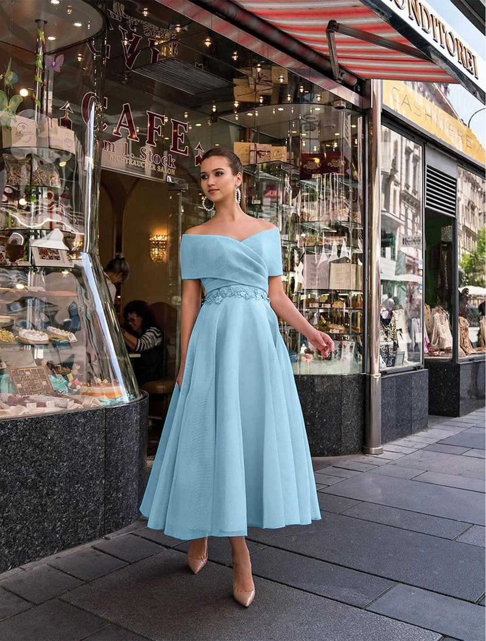 Bule Women Prom Dress 2023 Sexy Off-Shoulder Backless Long Dress Slim Waist A-Line Wedding Evening Party Occasion Dresses