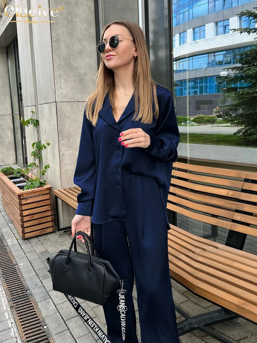 

Clacive Fashion Blue Satin Set Of Pants And Blouse For Women 2022 Casual Office Lady Pants Set Elegant Loose Wide Trouser Suits