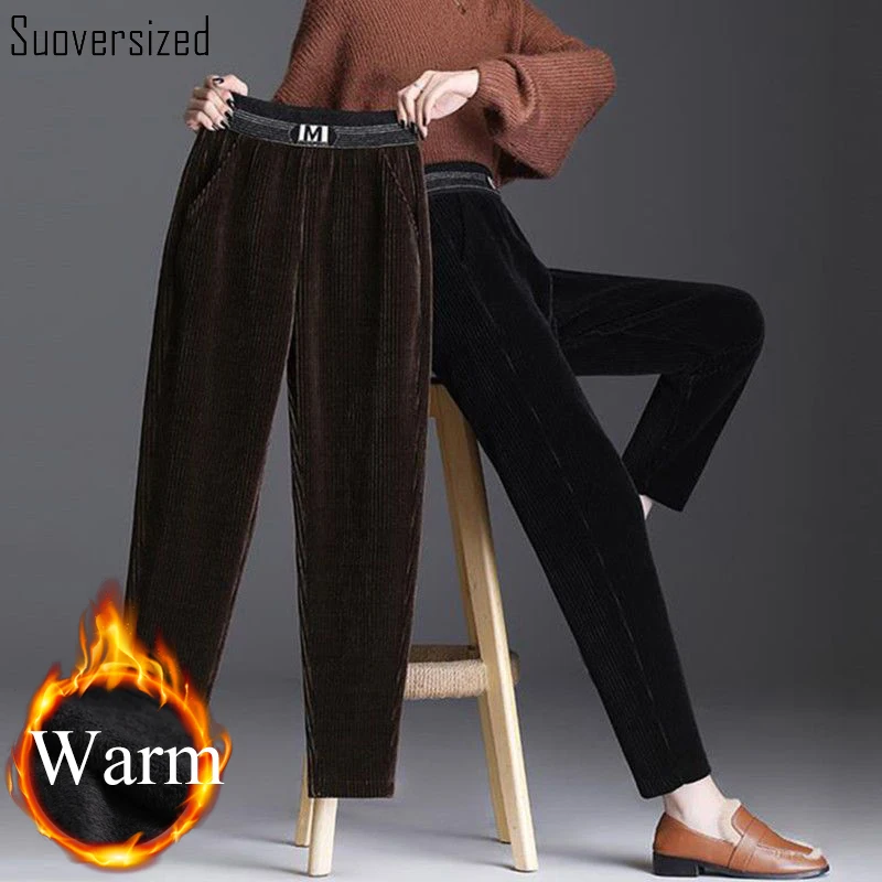 

Winter Add Velvet Corduroy Harem Pants Women Casual Baggy Elastic High Waist Pantalones Vintage Chic Plus Lining Thicken Trouser