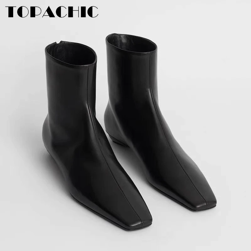 

Женские черные ботильоны TOPACHIC с квадратным носком, Повседневные Удобные ботинки челси из овечьей кожи на молнии сзади, современные ботинки, 10,25