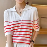 2022 summer new striped knitted short sleeved t shirt womens lapel half sleeved wool bottoming shirt top t shirt thin section