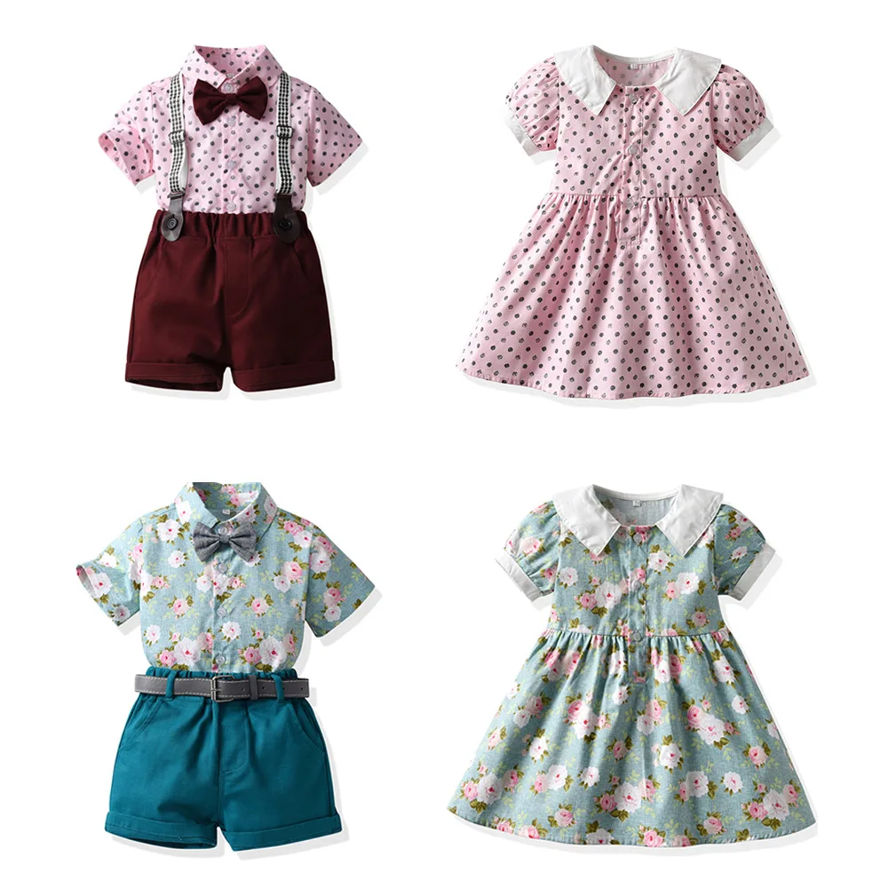 

Костюм с шортами для мужчин и женщин, рубашка с короткими рукавами и цветочным принтом в пасторальном стиле, одежда для сестры и брата, лето ...