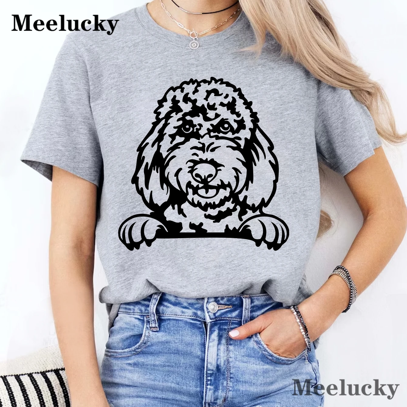 Goldendoodle Peeking Женская футболка из чистого хлопка с принтом летняя коротким рукавом