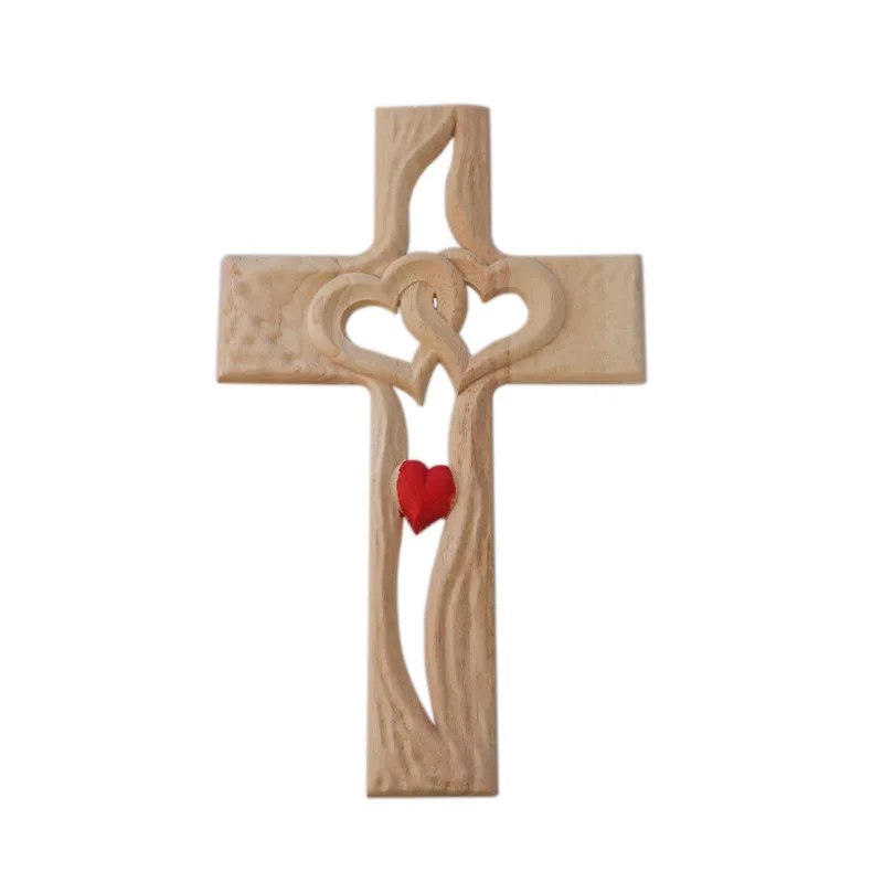 

Carved Cross Antique Exquisite Intertwined Hearts Wall Hanging Hand Carved Cross for Gifts Vintage Wood Wall Cross