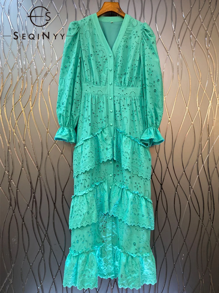 

SEQINYY Elegant Midi Dress Spring Autumn New Fashion Design Women Runway High Street Hollow Out Flower Cascading Ruffles Casual