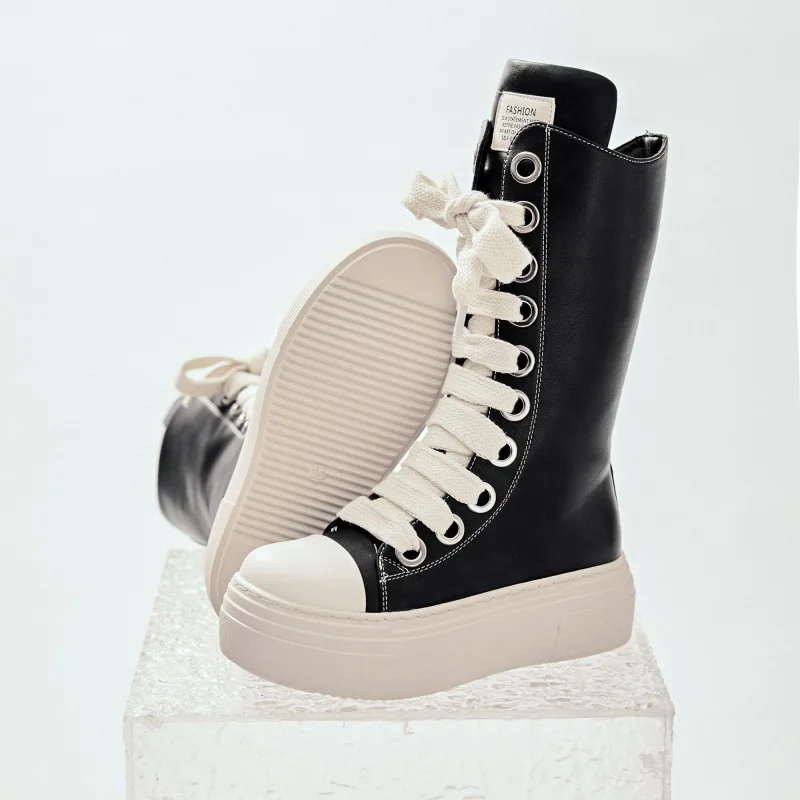 Женские высокие сапоги до колена из искусственной кожи на шнуровке