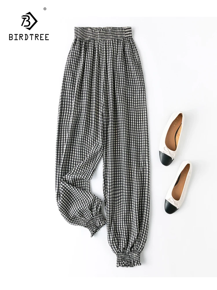 

Birdtree 100%Real Mulberry Silk Women Pants Crepe White Black Plaid Elastic Waist With Pockets Jogger Trousers 2023 B37326QC