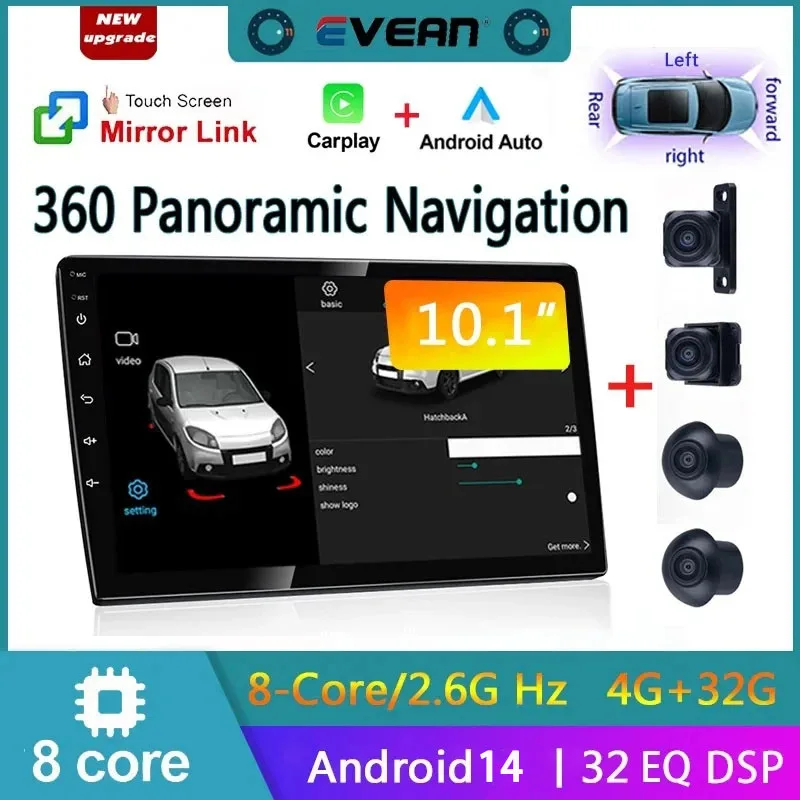 

Evean 4G 32G Восьмиядерный Android14 Автомобильный радиоприемник Беспроводной Carplay и Android Auto 2 din Мультимедийный плеер 360 Панорамная камера Система