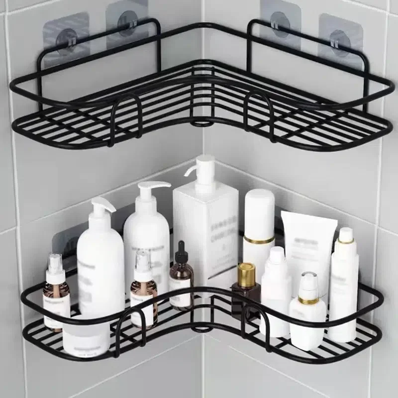 

1pc Wrought-iron Bathroom Shelf, Corner Non-perforated Storage Rack, Wash Rack, Kitchen Self-adhesive Tripod With 4 Hooks