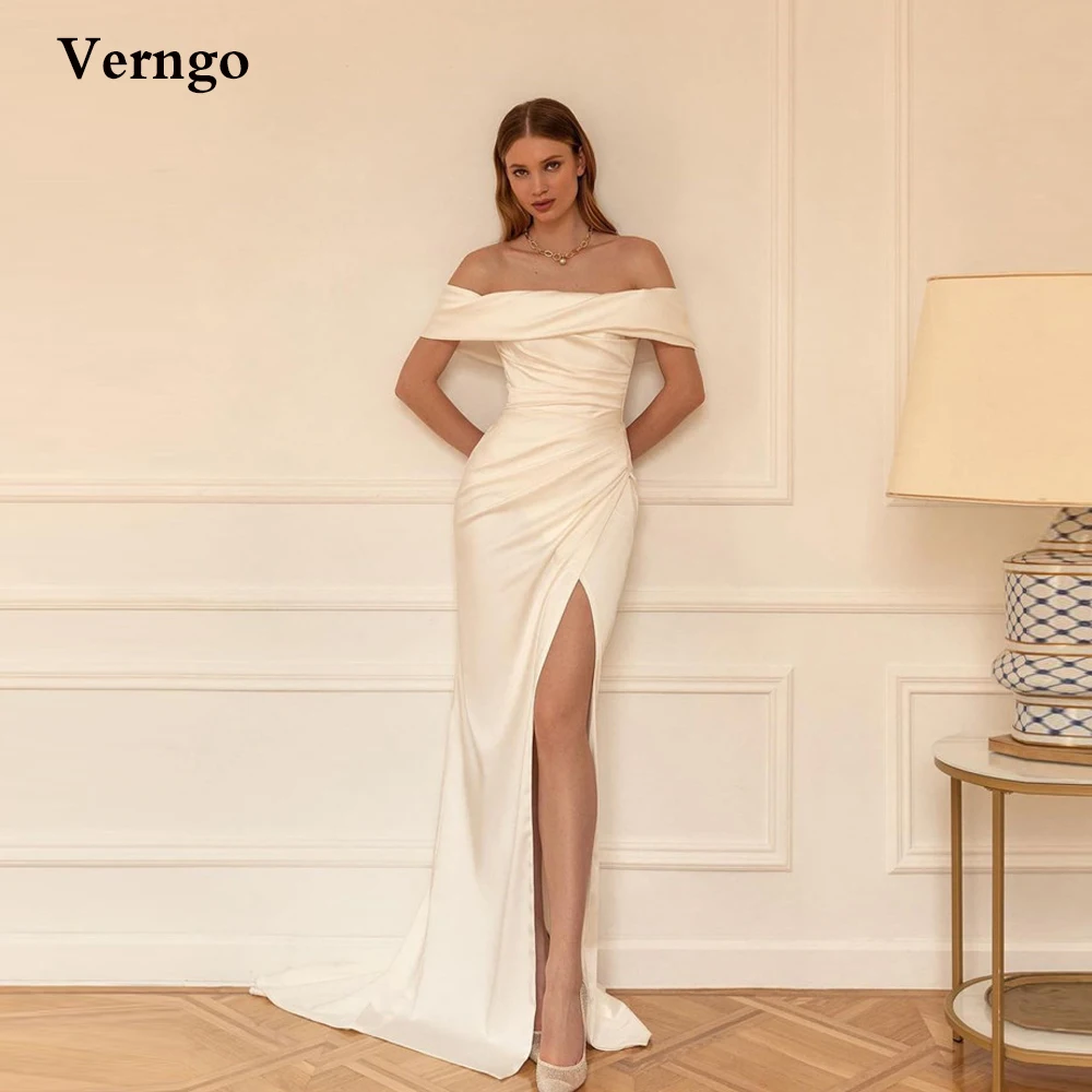 

Verngo Off the Shoulder Silk Satin Mermaid Wedding Dresses Side Slit Sweep Train Women Bride Gowns Ivory Formal Party Dress