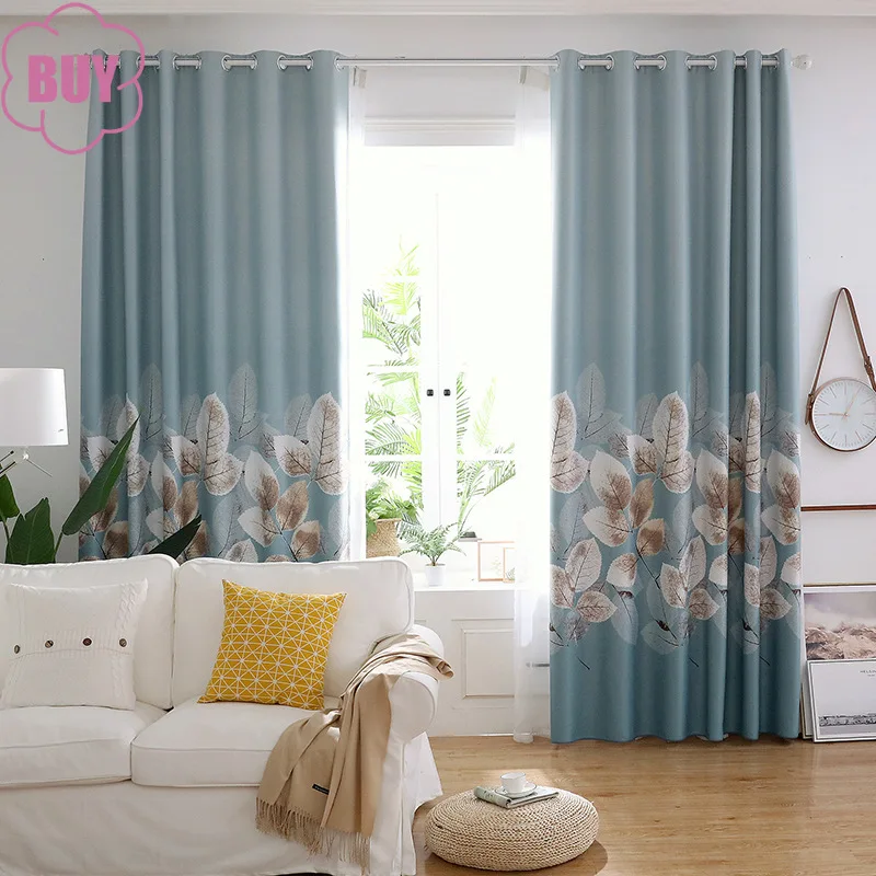 

New Chinese Style Pastoral Leaf Printing Thickened Blackout Curtains for Living Room Bedroom French Window Balcony Window
