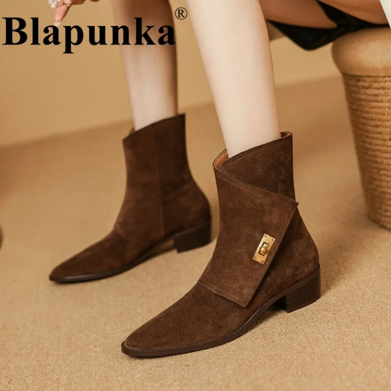 

Женские замшевые ботинки Blapunka, черные ботинки из коровьей замши, с металлическим замком, на среднем каблуке, с острым носком, на зиму,