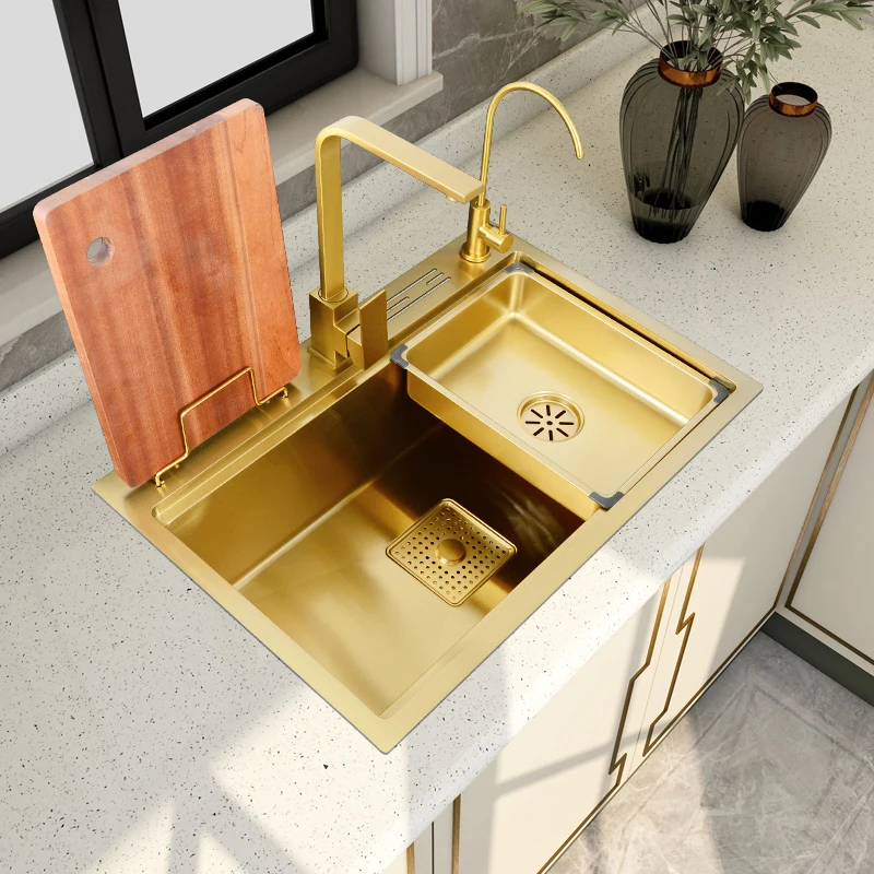 

Multifunctional Vegetable Washing Pool Golden Kitchen Sink Stainless Steel Sink Big Single Sink Thickened Hand-made KitchenSink