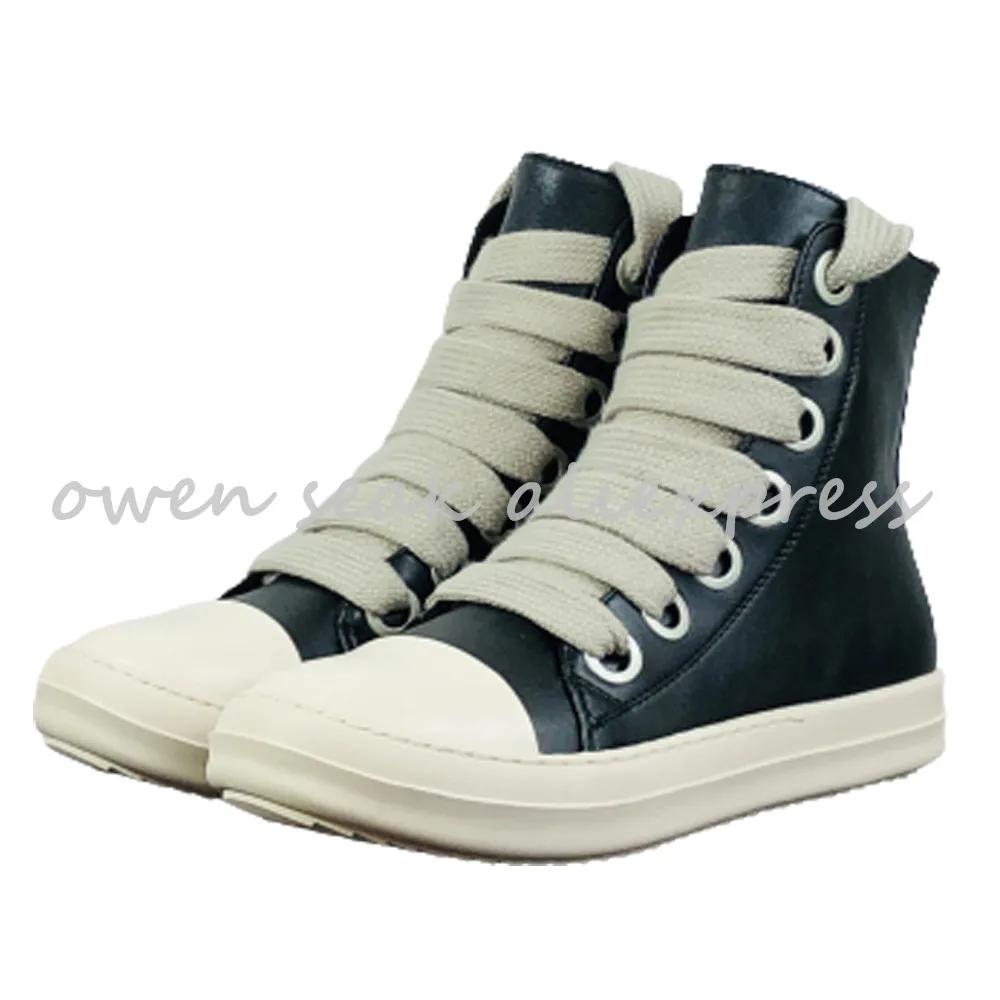 Owen Seak Women High-TOP Shoes Pu Leather Boots Men Canvas Big Lace Up Zip Luxury Trainers High Street Black Red Sneakers