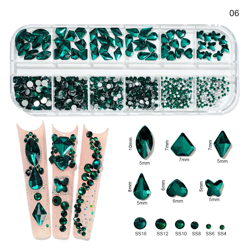 

1Box 3D Colorful Crystal Nail Rhinestones Mixed Sizes Hotfix Flatback Stones Diamond Glass Gem DIY Nails Art Decorations 12Grids