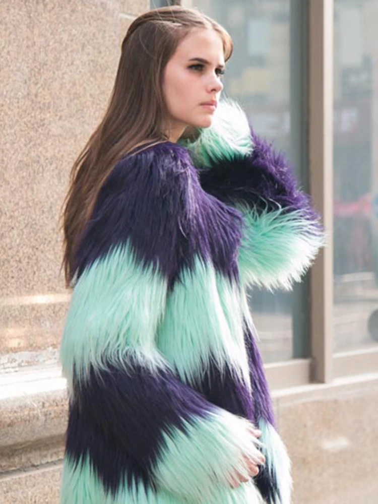 Fashion Patchwork Long Faux Fox Fur Coat Women 2022 Winter Elegant Warm Thick Ladies Outwear High Street Casual Coats