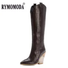 Женские сапоги до колена RYMOMODA, зимние короткие сапоги из искусственной кожи на толстом высоком каблуке, обувь в западном стиле большого размера 45 46, 2022