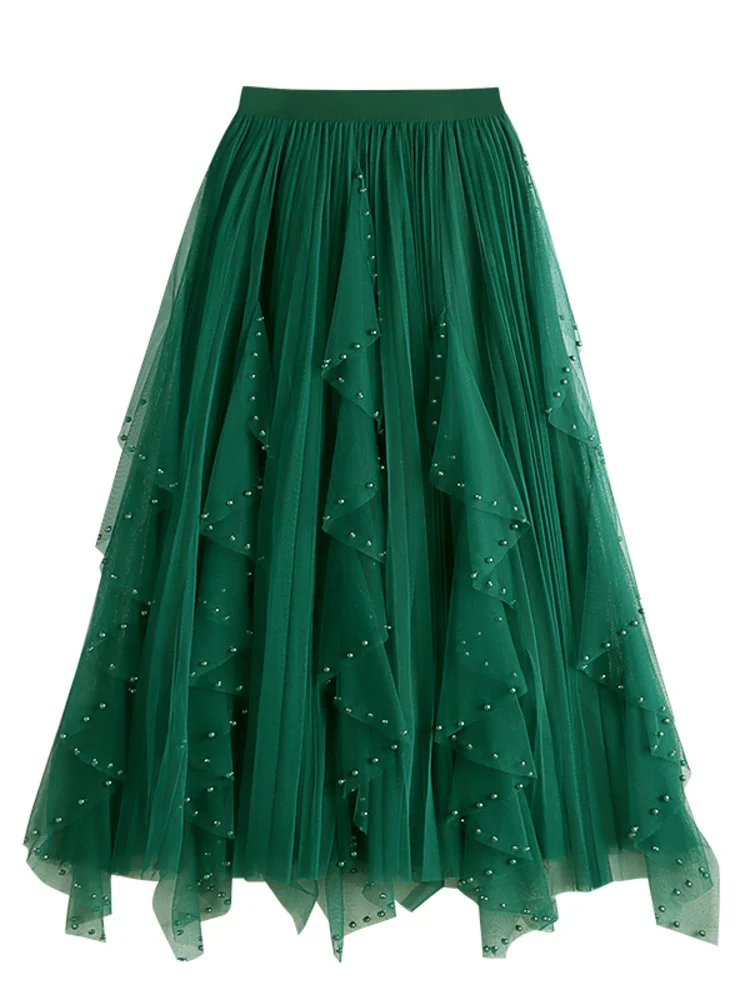 

Женская Асимметричная сетчатая эластичная юбка-трапеция, Однотонная юбка до середины икры с жемчужными вставками, весна 2023, новинка, модная тренд M278