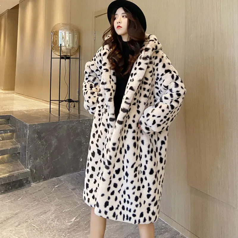 2023 New Imitation Fur Leopard Print Fur Coat Fur One Coat Women Winter Jacket Women Fashion Hooded Warm Parkas Jacket Fur Coats
