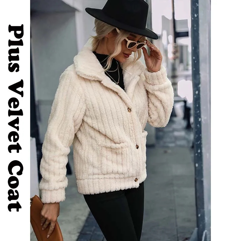 Plus Velvet Thicken Coat For Women winter jacket Reversible Fleece Single Breasted Lapel Long Sleeve Stripe Regular Plush Jacket