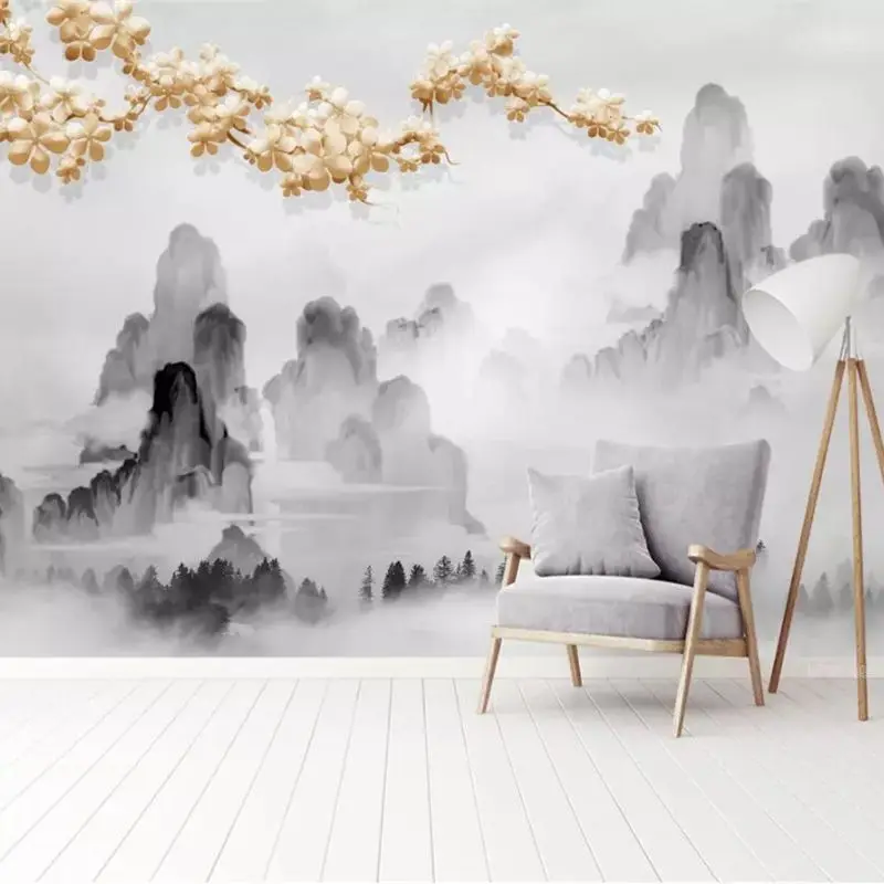 

beibehang Custom wallpaper 3d mural High-grade atmosphere new Chinese classical ink landscape golden sofa background wall paper