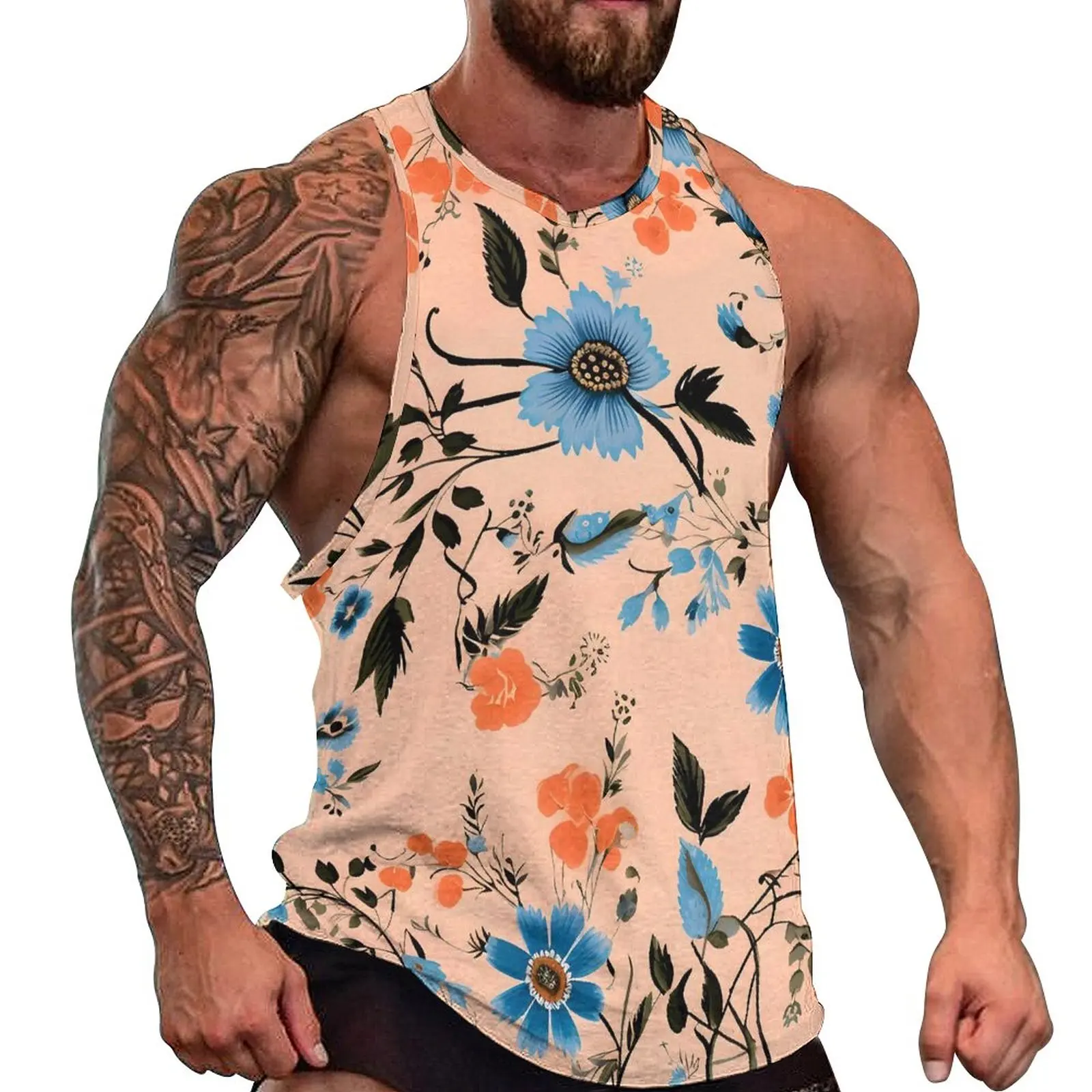 

Vintage Floral Tank Top Men Blue And Pink Tops Beach Graphic Workout Sportswear Oversized Sleeveless Shirts