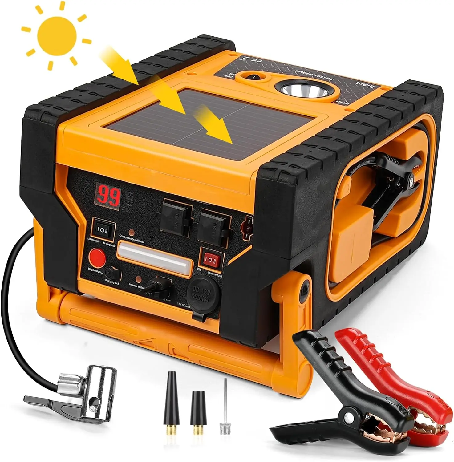 

Starter, 2000A Peak Solar Panels Car Jump Starter with Air Compressor 260PSI, Portable Power Station with 400W Inverter Dual AC/