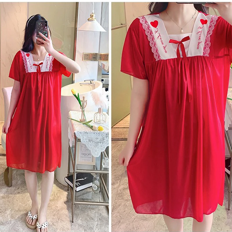 2 Pcs/Lot New Summer Ladies Short Sleeve Nightdress Noble Fashion Pajamas Cute Ice Silk Ladies Homewear Size M L XL XXL XXXL 4XL