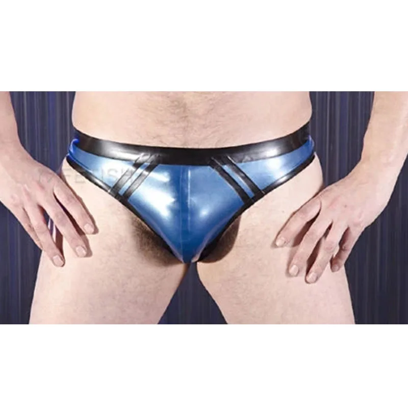 

100% Latex Gummi Men Sexy Shorts Blue with Black Trim Latex Brief Underwear