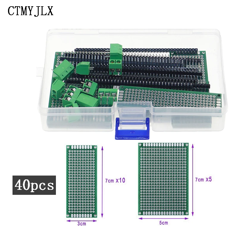 

40pcs DIY Kit 5x7 4x6 3x7 2x8 Double Side Prototype PCB Printed Circuit Board For Arduino Soldering Board KF301-2P/3P Terminals