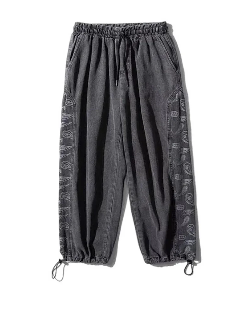 Cashew Pattern Jeans Men's Loose Straight Pants Elastic Waist Drawstring Denim TrousersCashew Pattern Jeans Men's Loose Straight