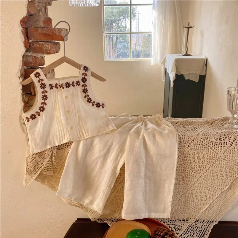 Новинка летняя одежда из двух предметов для девочек в Корейском стиле жилет с