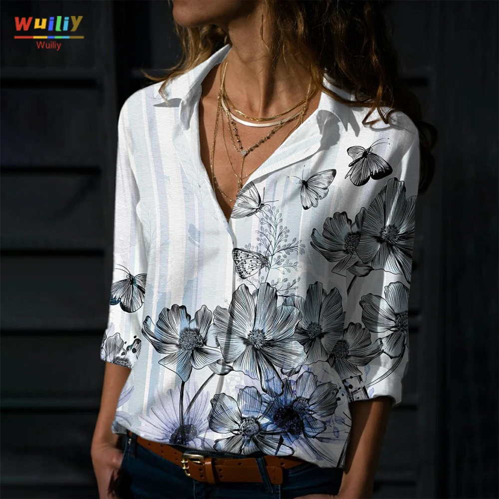 

Women's Flower Graphic Theme Blouse Shirt Button Floral Print T-Shirt Collar Casual Streetwear Top Art Pattern Long Sleeves