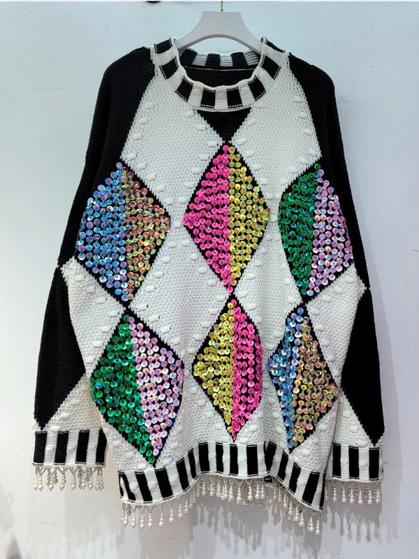 

Женский свободный трикотажный пуловер в клетку, с жемчужинами и кисточками