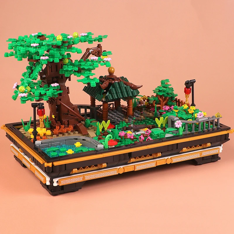 

3D Model DIY Blocks Bricks Building Pagoda Tree Pavilion Garden Flower Pot Plant Toy for Children