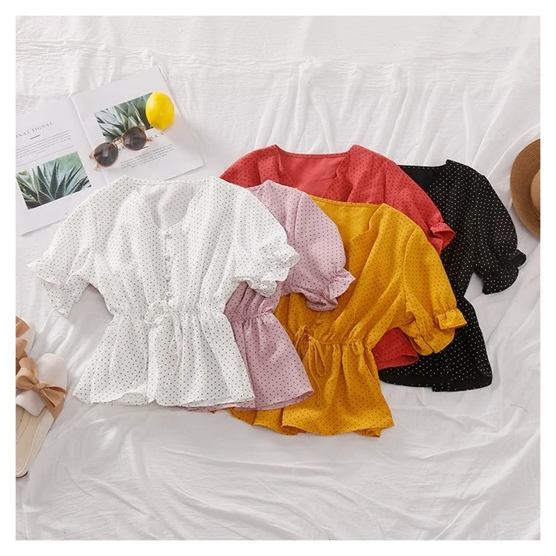 

Женская одежда 2021 летняя рубашка в горошек с V-образным вырезом и коротким рукавом Шифоновая Блузка корейский элегантный женский топ модные женские топы