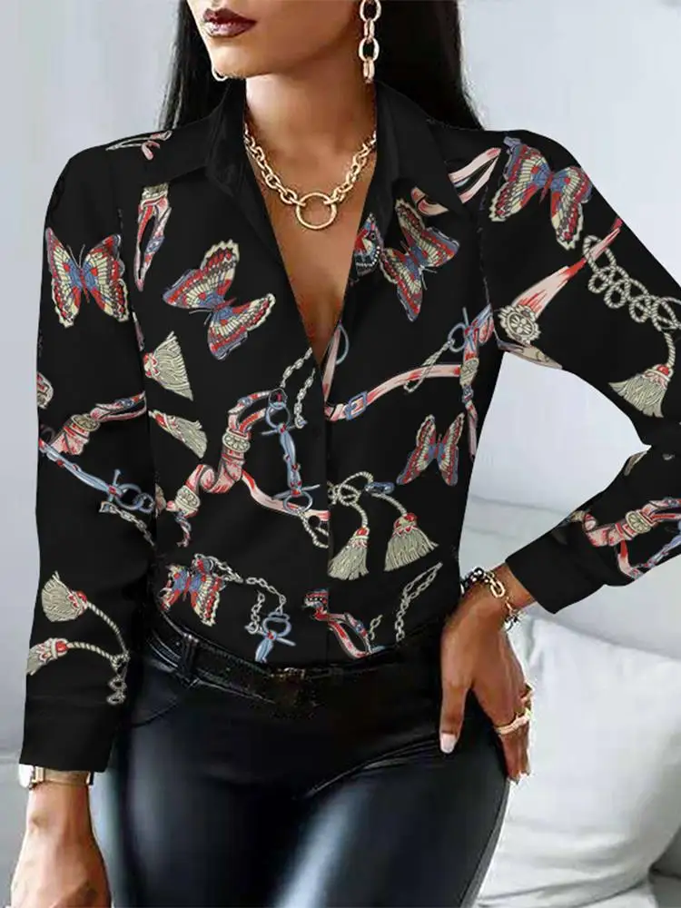 

Женская Весенняя рубашка ZANZEA, Элегантная блузка с отложным воротником и длинным рукавом, повседневные топы с принтом, туника, свободная рубашка на пуговицах, 2023, женские блузы