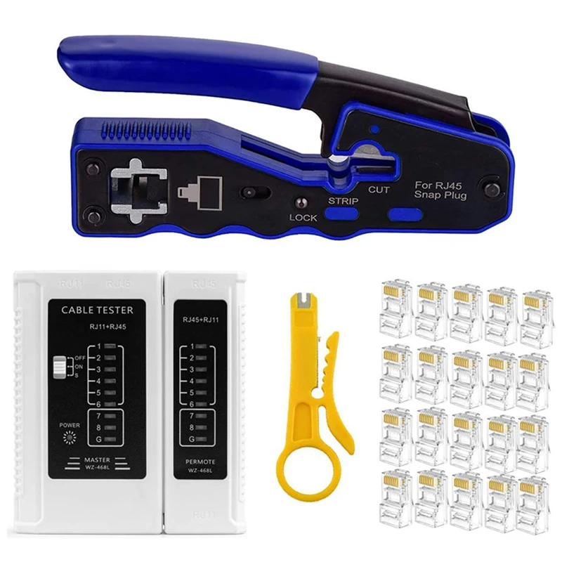 

Набор обжимных инструментов RJ45 с 50 шт. проходных разъемов Cat6a