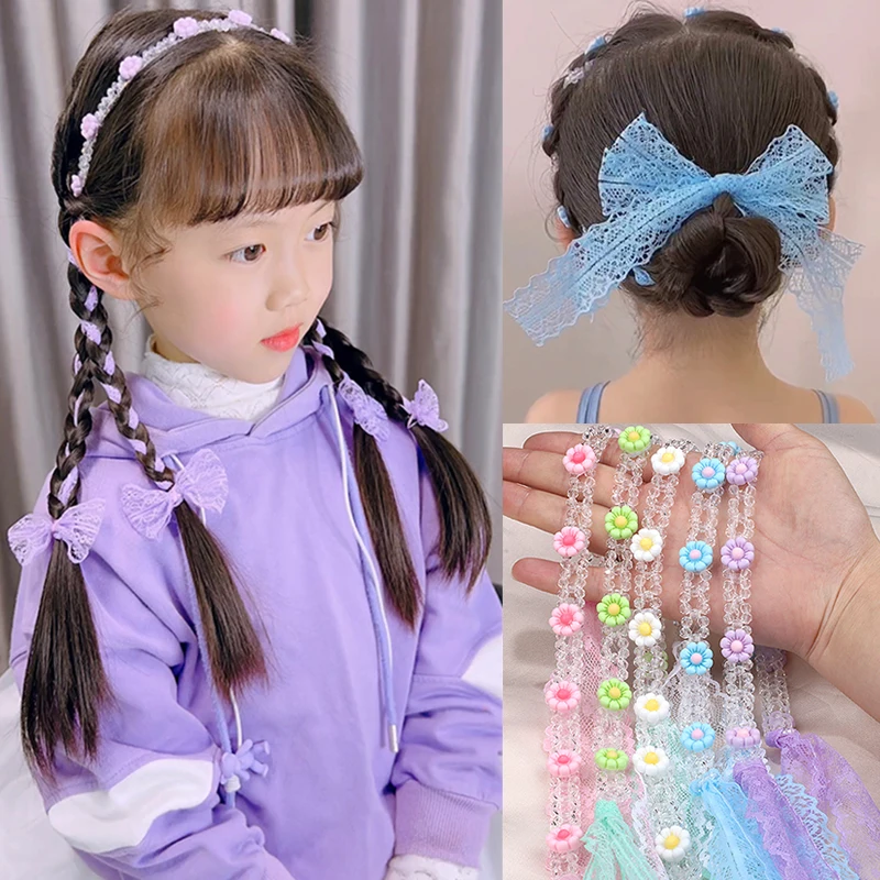 

Women's Lace Bow Knot Hair Band Children's Resin Flower Tiara Headwear Shiny Crystal Elastic Baby Woven HairTies Hair Ornaments