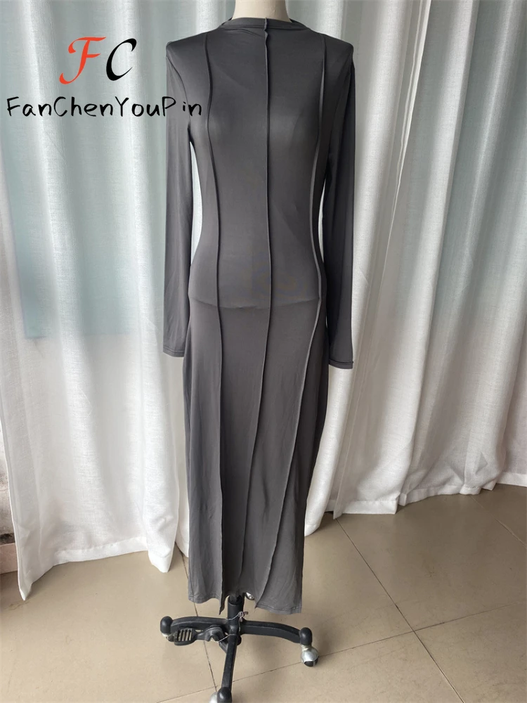 Женское платье весна-лето 2024 модное однотонное облегающее с длинным рукавом и