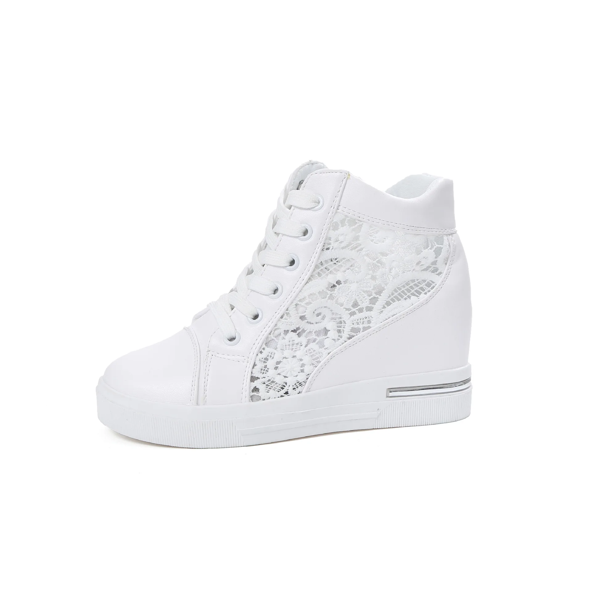 Women Wedge Platform Sneakers Rubber Brogue Leather High heels Lace Up Shoes Pointed Toe Height Increasing Creepers White Silver